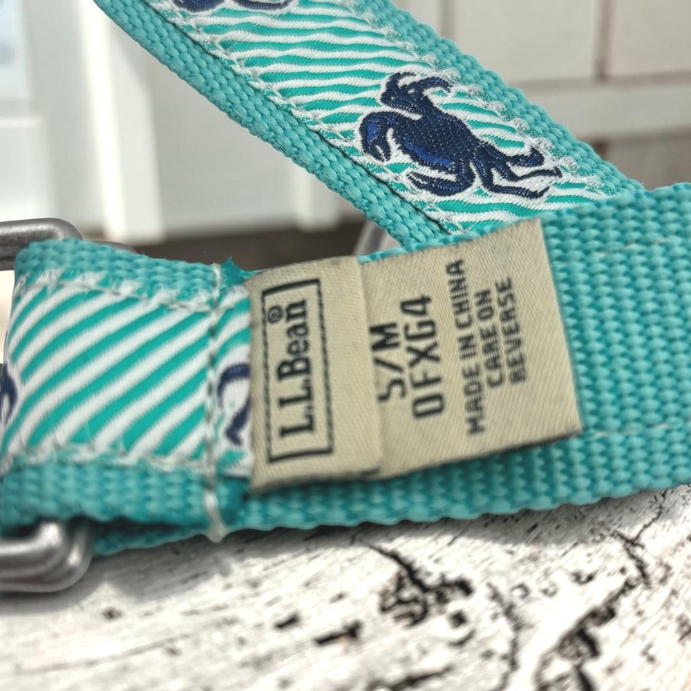 Crab Belt LL Bean S/M Teal 100% Embroidered D-Ring Web Blue Nautical Preppy